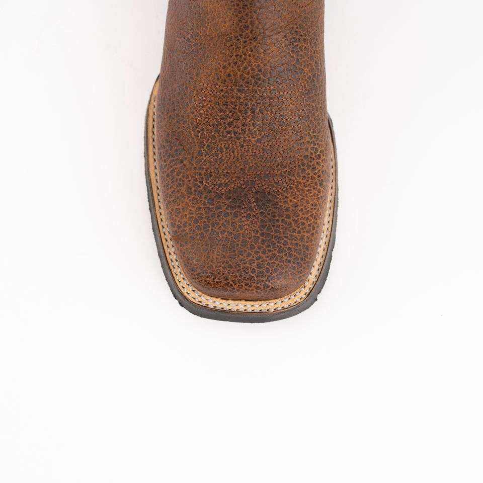 Ferrini Toro Leather Boots in brandy-brown textured leather, showing a square toe and contrasting stitched welt