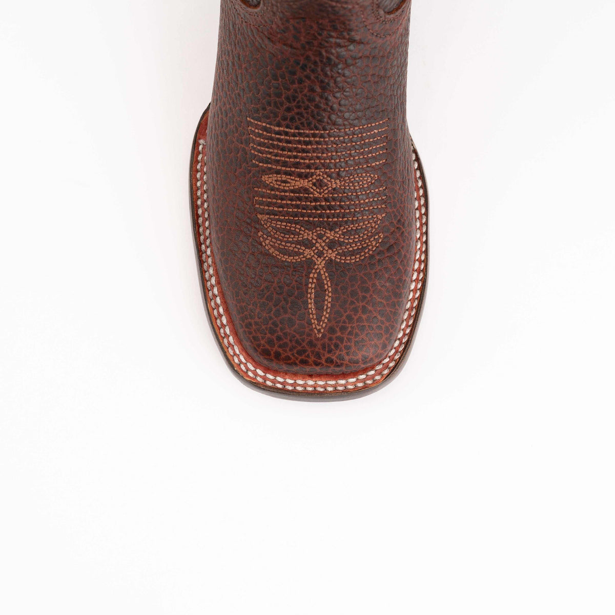 Ferrini Toro Leather Boots, a dark brown leather cowboy boot with a textured pattern, embroidered vamp, and square toe