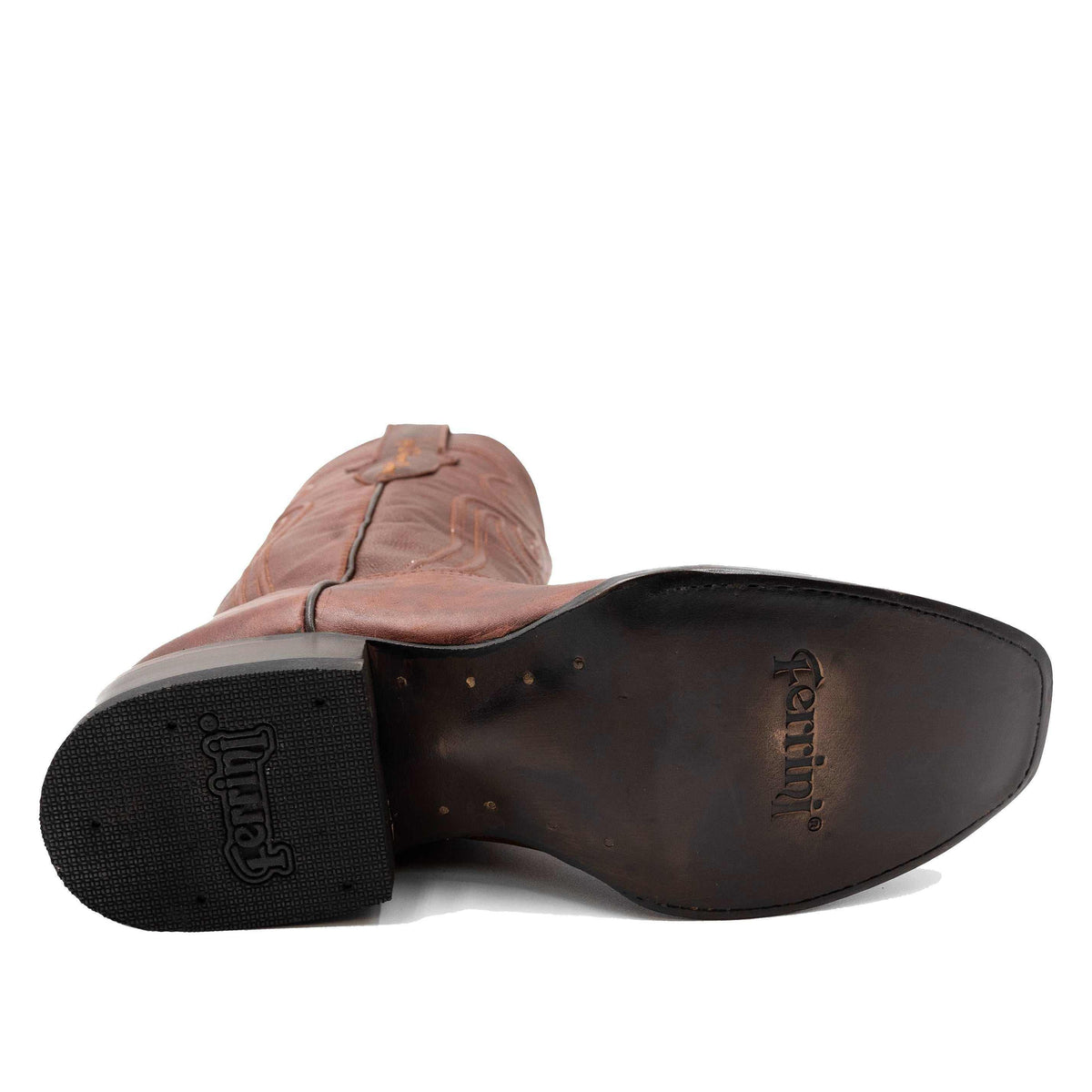 Ferrini Wyatt Leather Boots with a brandy leather shaft, dark smooth leather outsole, and branded black rubber heel