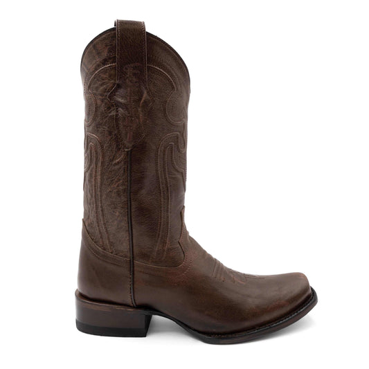 Ferrini Wyatt Leather Boots in dark chocolate brown leather with tonal stitched shaft, narrow square toe and block heel