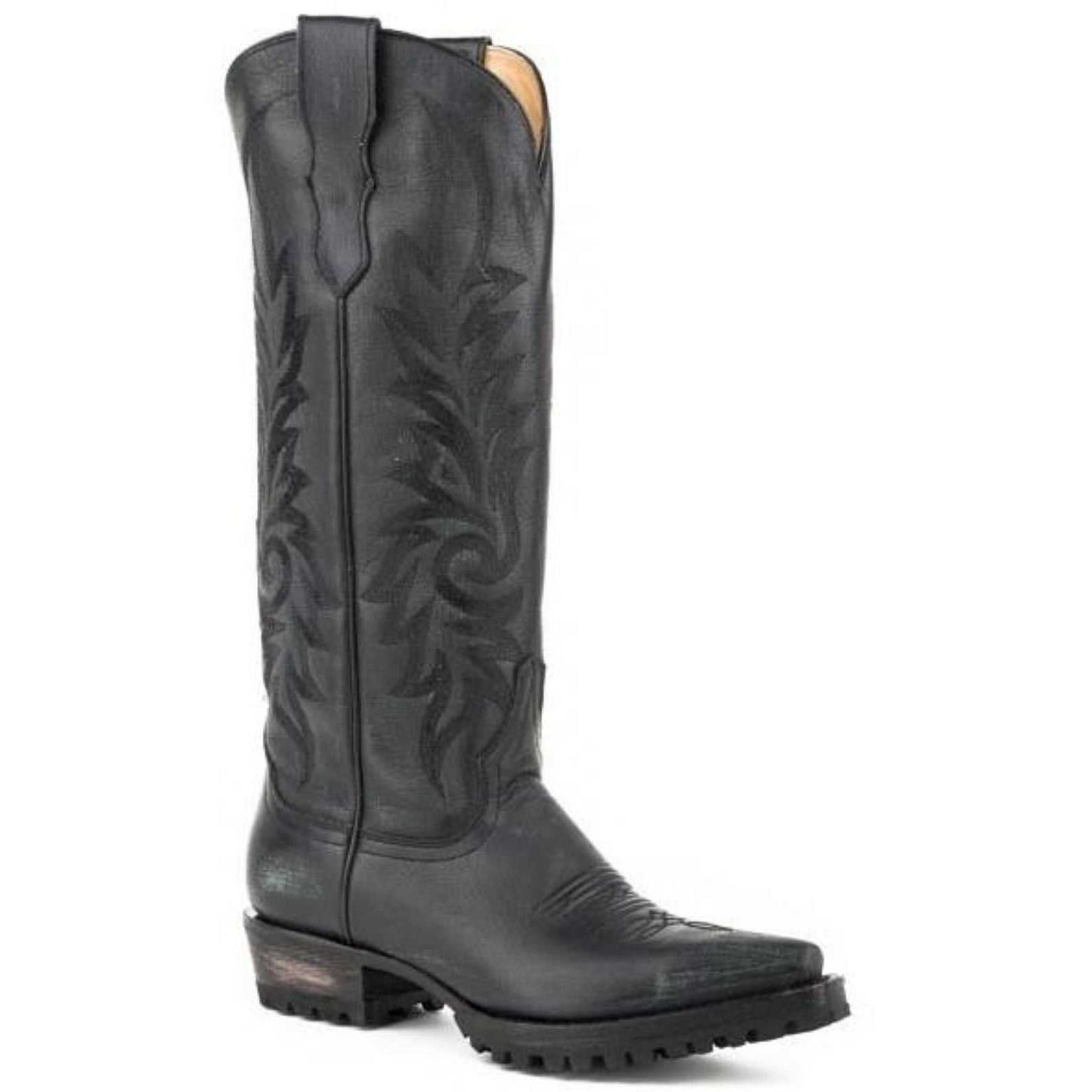 Women's Stetson Lucy black handcrafted knee high snip toe boots with embroidery and stacked heel