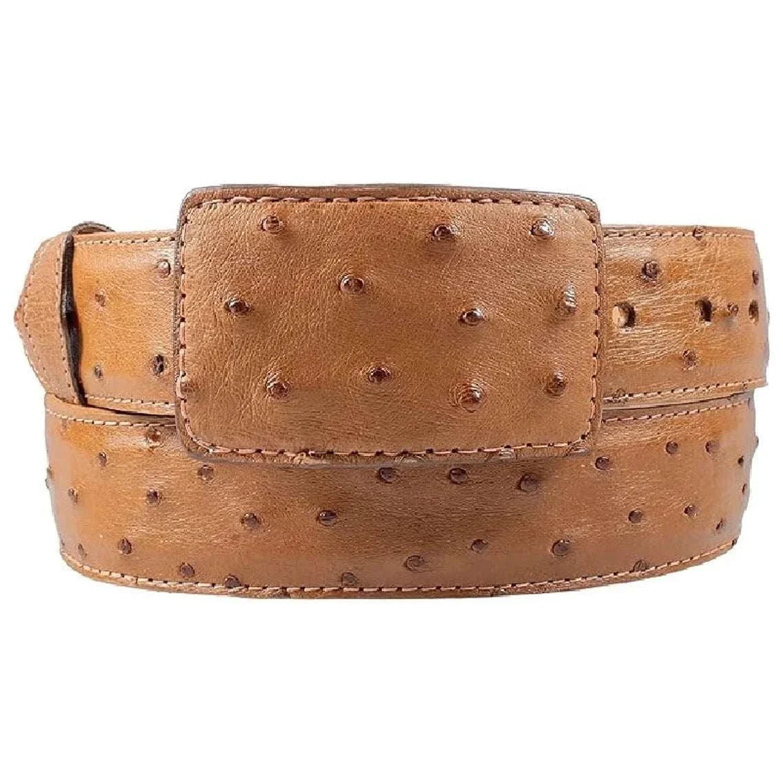 White Diamond Ostrich Belt handmade genuine full quill ostrich with cognac leather lining, 1 1/2" wide