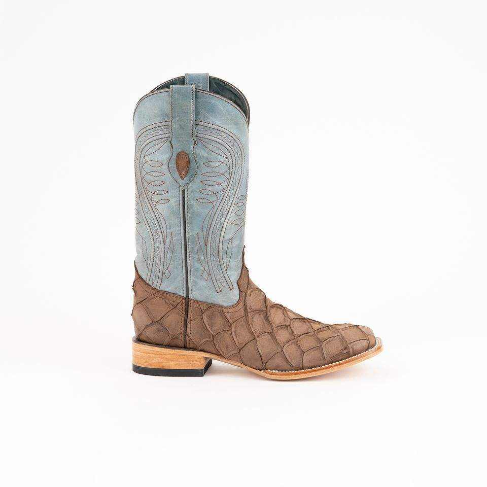 Men's Ferrini Boots in brown Pirarucu-print leather with a light blue embroidered shaft and square toe