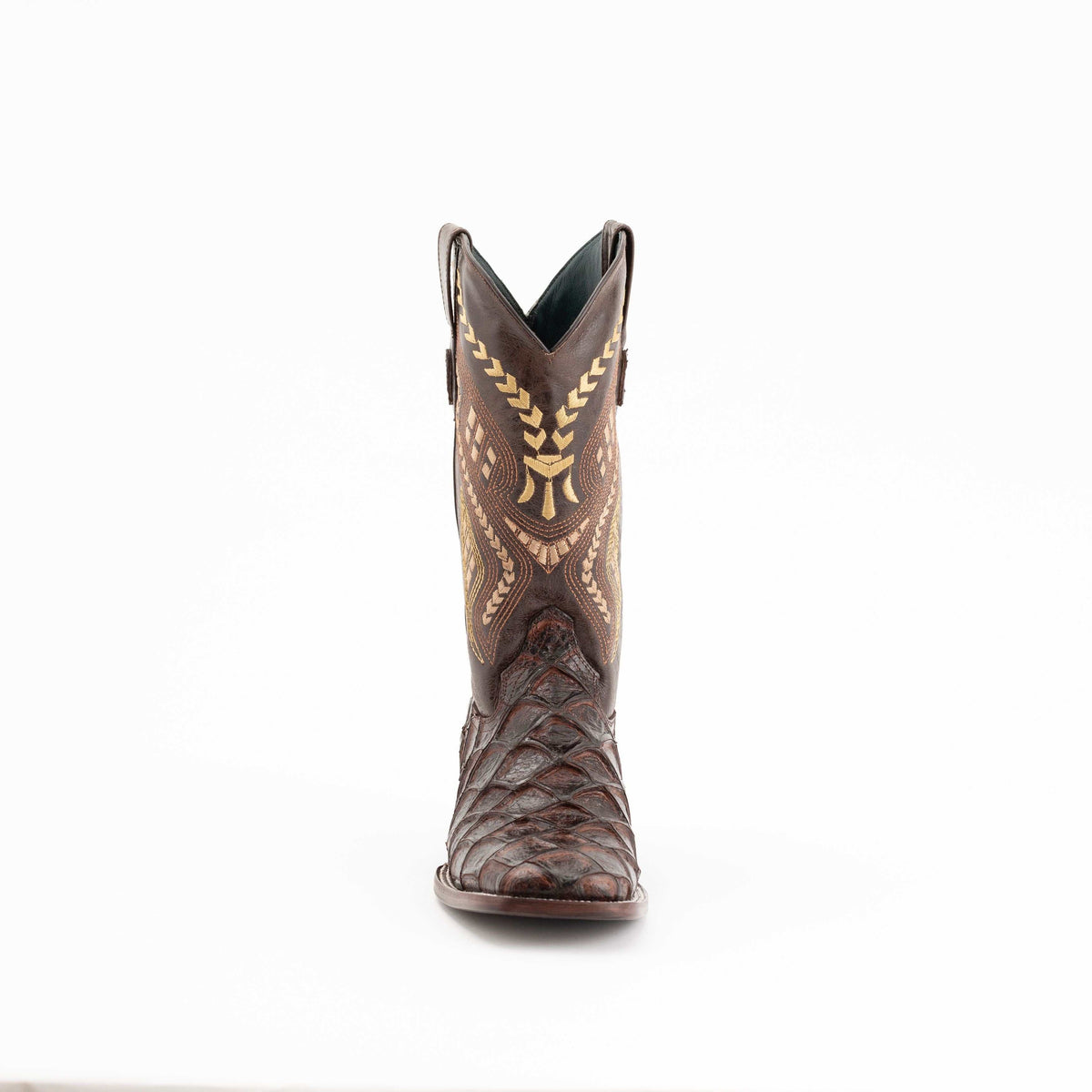 Men's Ferrini Boots in chocolate leather with a textured pirarucu-print vamp, embroidered shaft and square toe.