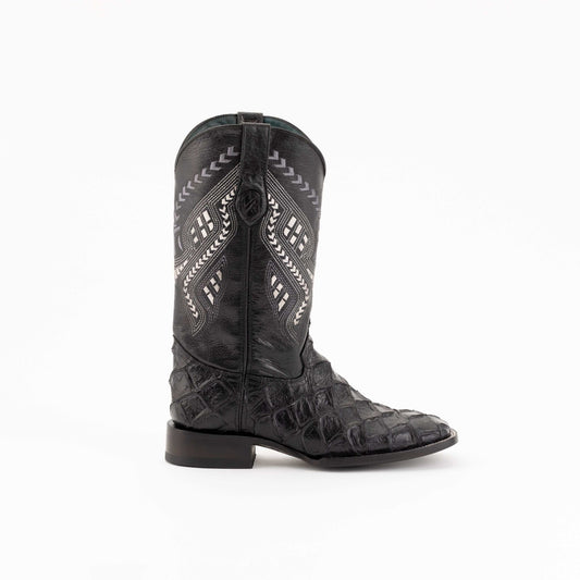 Men's Ferrini Bronco Pirarucu Print Boots in black with textured scale-print leather, stitched shaft and square toe