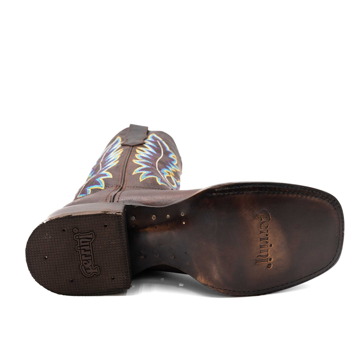 Men's Ferrini Chase Leather Boots in chocolate brown leather, showing decorative stitching and branded leather outsole.