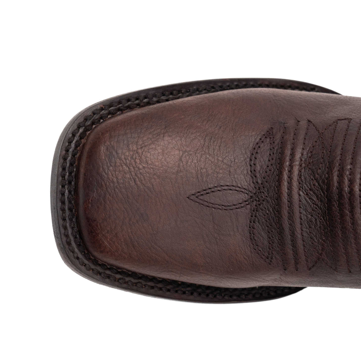 Men's Ferrini Chase Leather Boots show a chocolate brown leather square toe with dark stitched edging and decorative stitching.