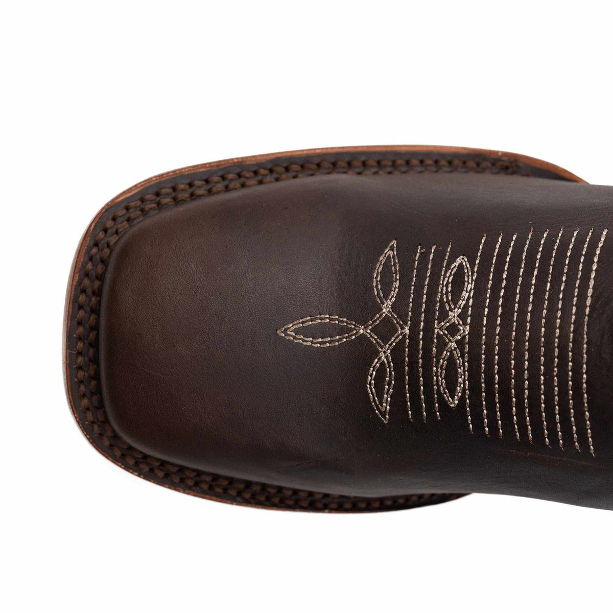 Men's Ferrini Clint Leather Boots in dark chocolate leather with a square toe and decorative cream stitching