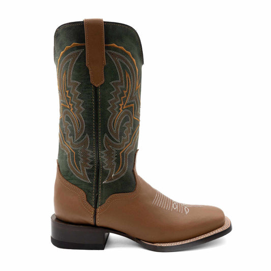 Men's Ferrini Clint Leather Boots in honey brown leather with a dark shaft, ornate stitching and square toe