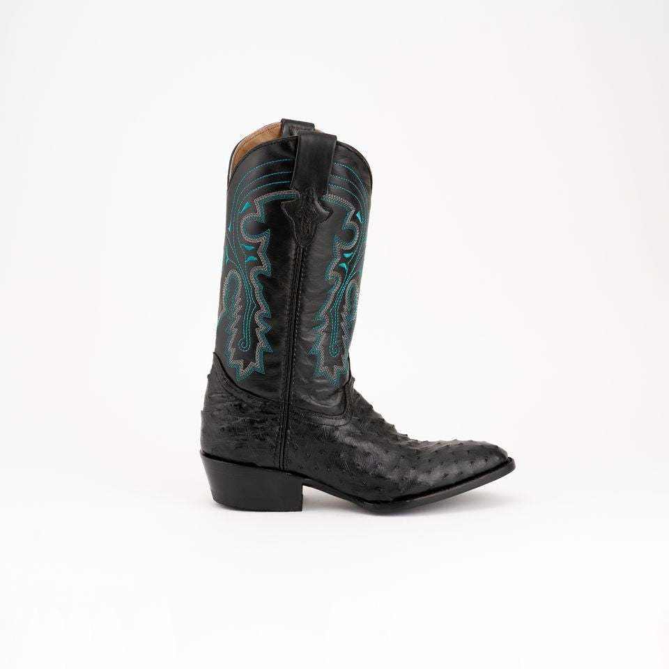 Men's Ferrini Colt cowboy boot in black full-quill ostrich leather with turquoise stitching and a pointed toe