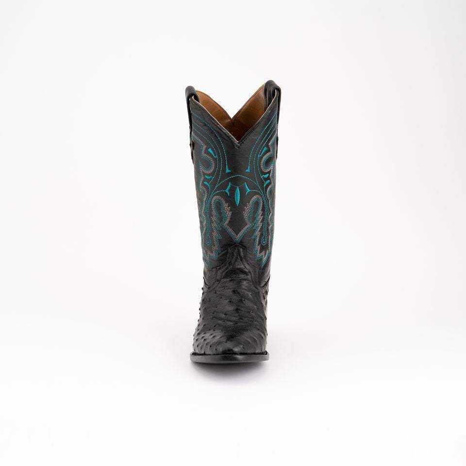 Men's Ferrini Colt cowboy boot in black full quill ostrich leather with turquoise embroidered shaft and pointed toe