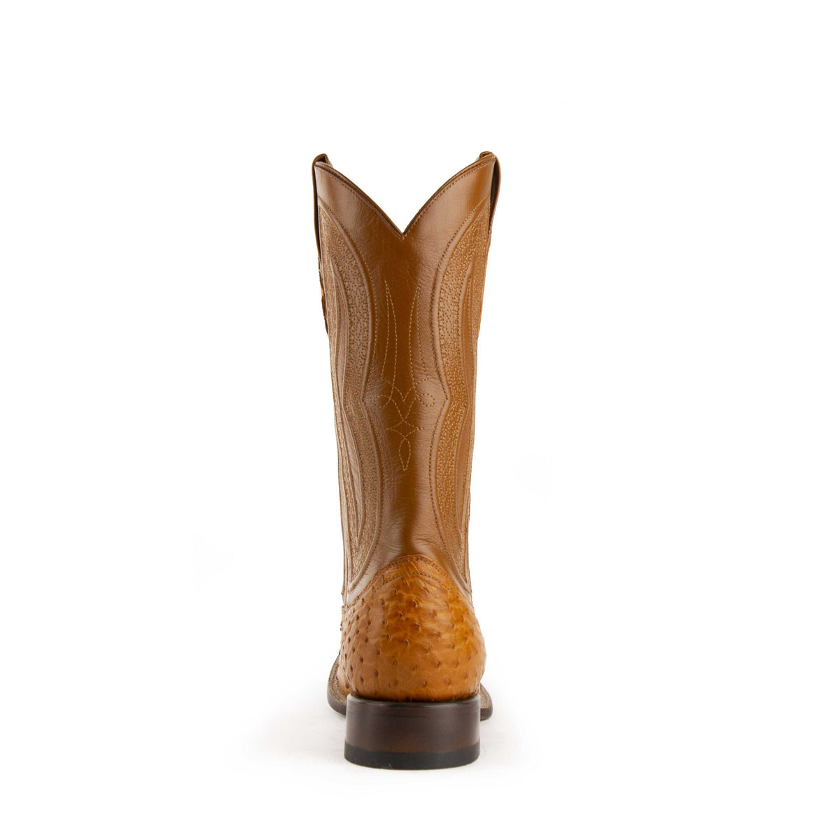 Men's Ferrini Colt cowboy boot in cognac leather, with a textured full quill ostrich heel and stitched shaft