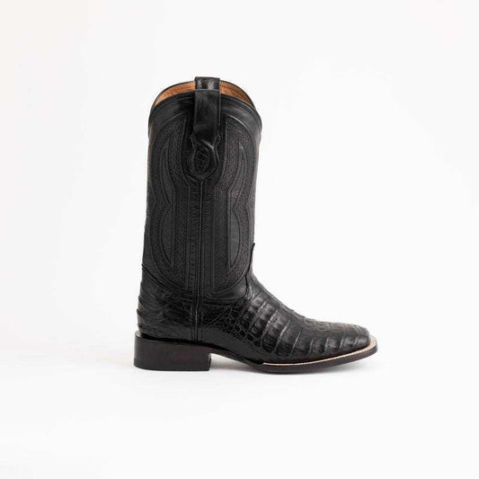 Men's Ferrini Dakota cowboy boot in black caiman belly leather, with a square toe, stitched shaft and low heel