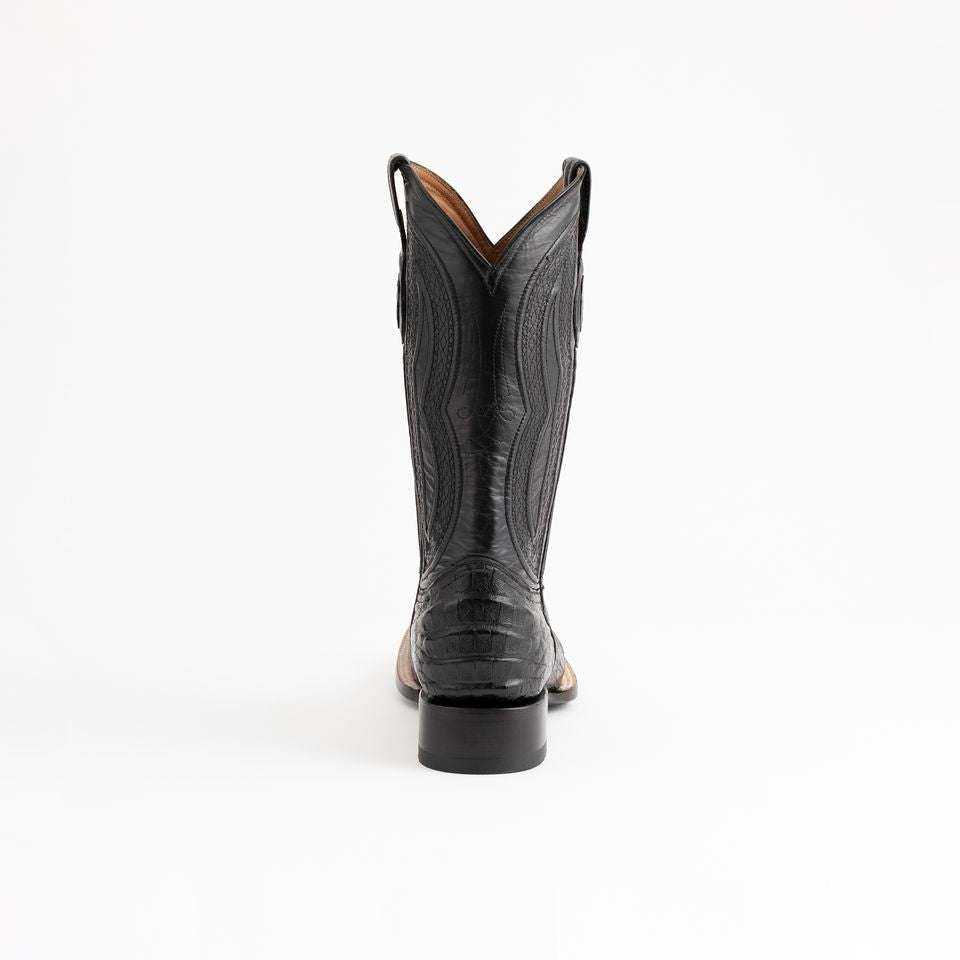 Men's Ferrini Dakota cowboy boot in black leather with stitched shaft detailing, caiman belly texture and stacked heel