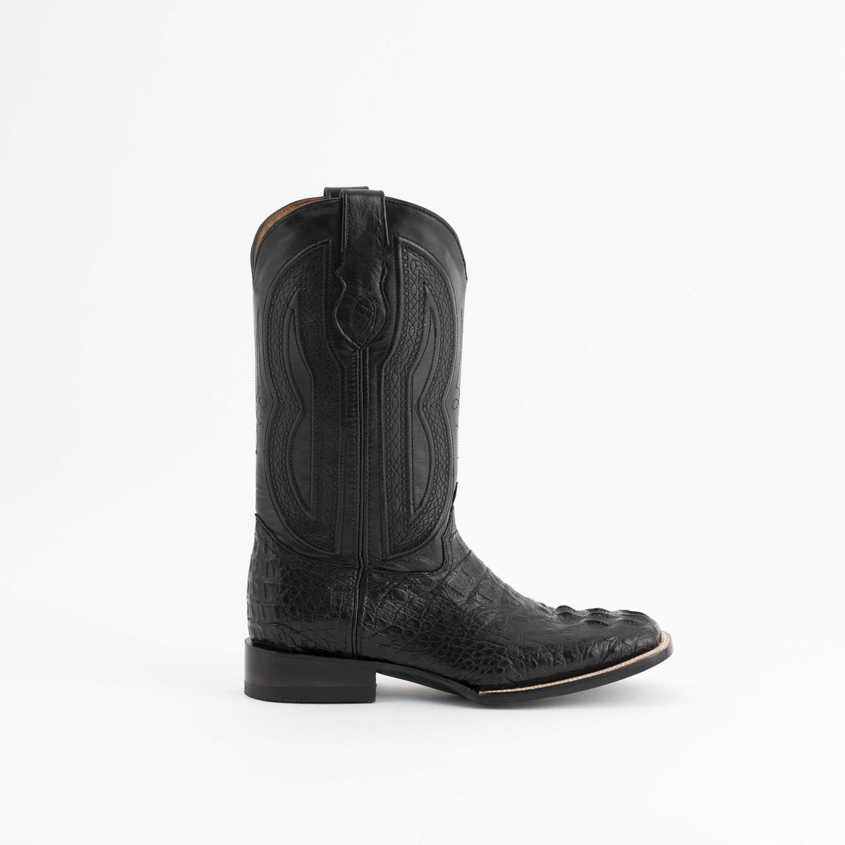 Men's Ferrini Dakota black leather cowboy boot with embossed hornback caiman texture, stitched shaft and square toe