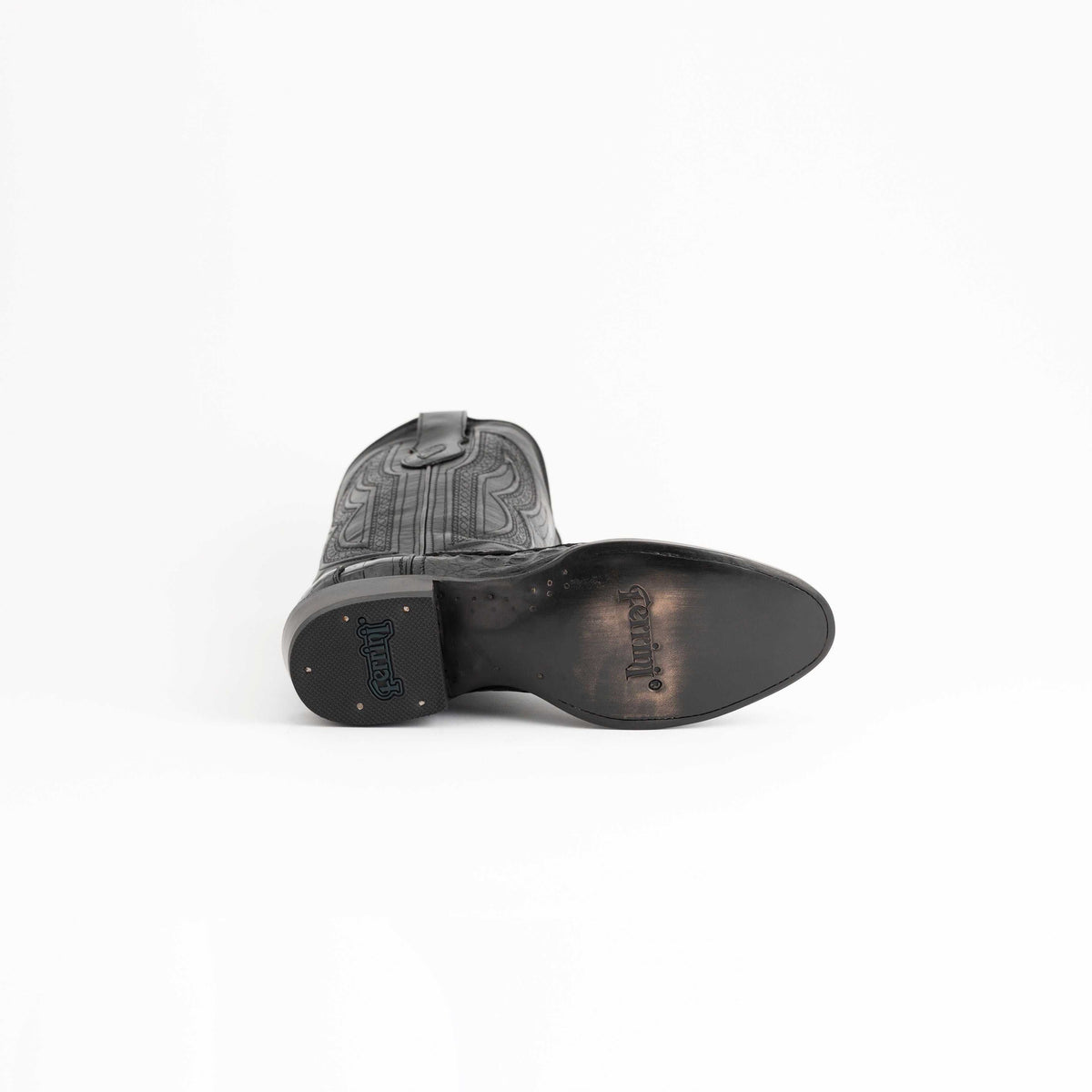 Men's Ferrini Dakota Caiman Belly Boots in black leather with textured caiman belly panels, shown with embossed soles and cowboy heels