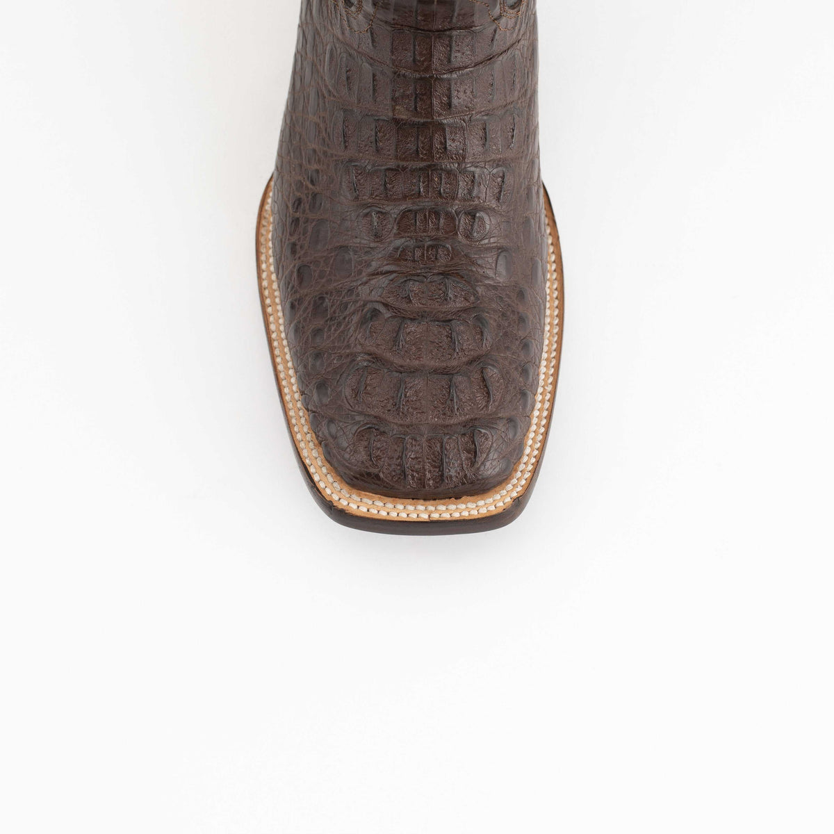 Men's Ferrini Dakota Caiman Hornback Boots in dark chocolate brown embossed leather with textured hornback scales and stitched square toe