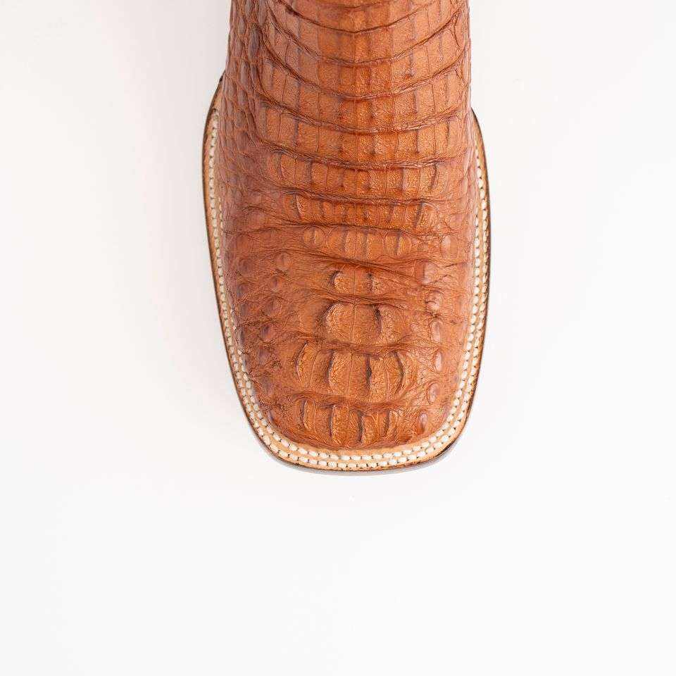 Men's Ferrini Dakota Caiman Hornback Boots in cognac leather, featuring distinctive raised hornback scales and stitched edging.
