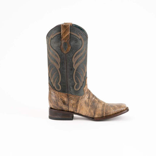 Men's Ferrini Hunter Leather Boots in distressed brown leather with dark shaft, tan embroidered scrollwork and square toe