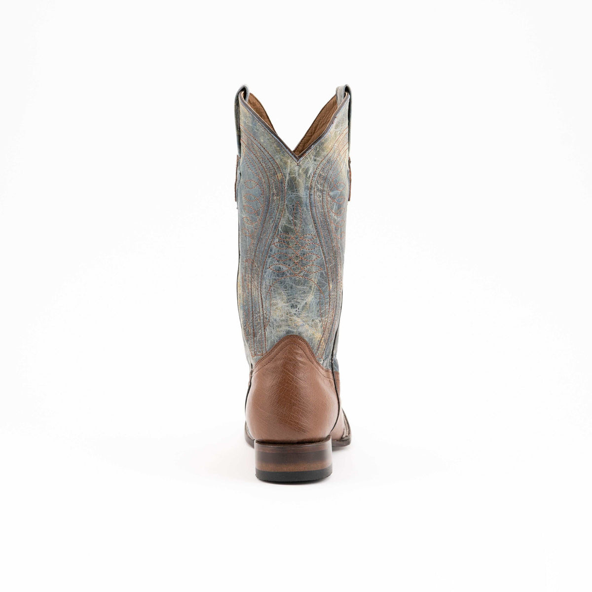 Men's Ferrini Morgan cowboy boot in blue-gray smooth ostrich leather with a brown heel counter and block heel