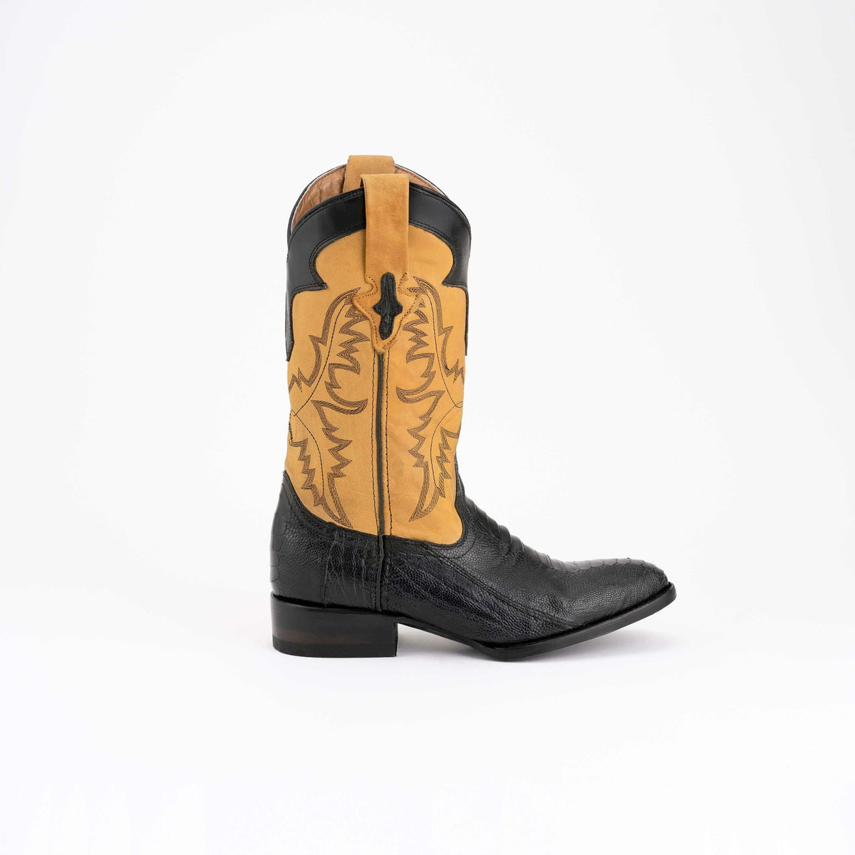 Men's Ferrini Nash Ostrich Leg Boots in black leather with tan embroidered shaft, ostrich leg vamp and round toe