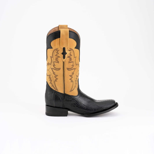 Men's Ferrini Nash Ostrich Leg Boots in black ostrich leg leather, with tan embroidered shaft and square toe