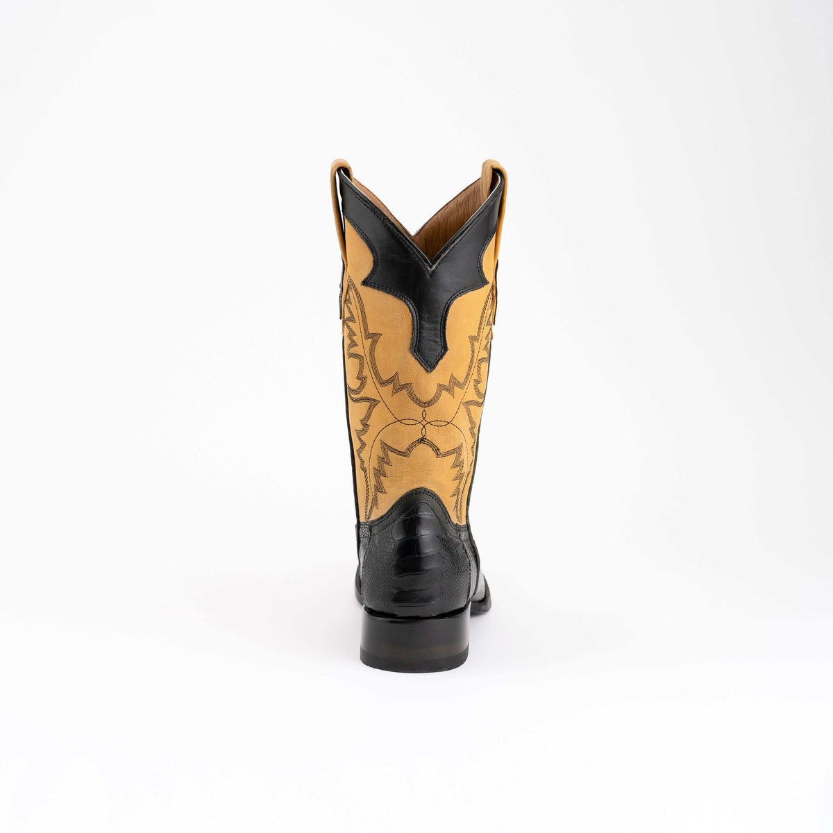 Men's Ferrini Nash Ostrich Leg Boots with tan stitched shafts, black leather heels and pull tabs, viewed from behind