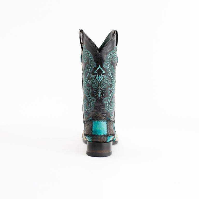 Men's Ferrini Patchwork Leather Boots in black and teal leather, featuring ornate embroidered stitching and turquoise heel accents