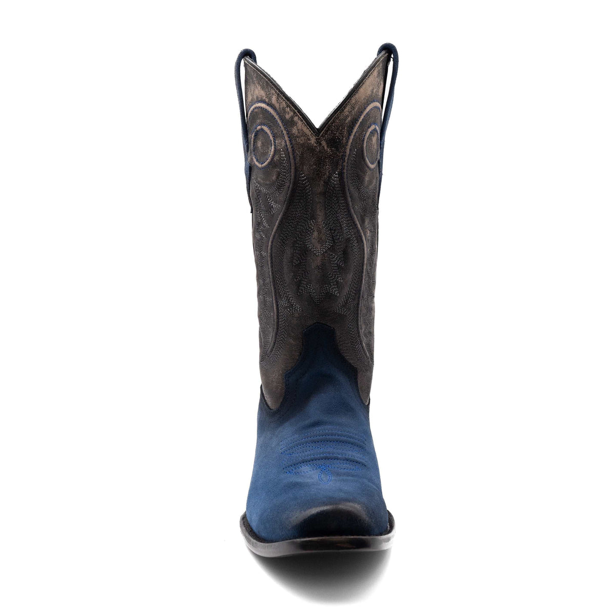 Men's Ferrini Roughrider Leather Boots in blue leather with dark brown patterned shafts, pointed pull tabs and square toes.
