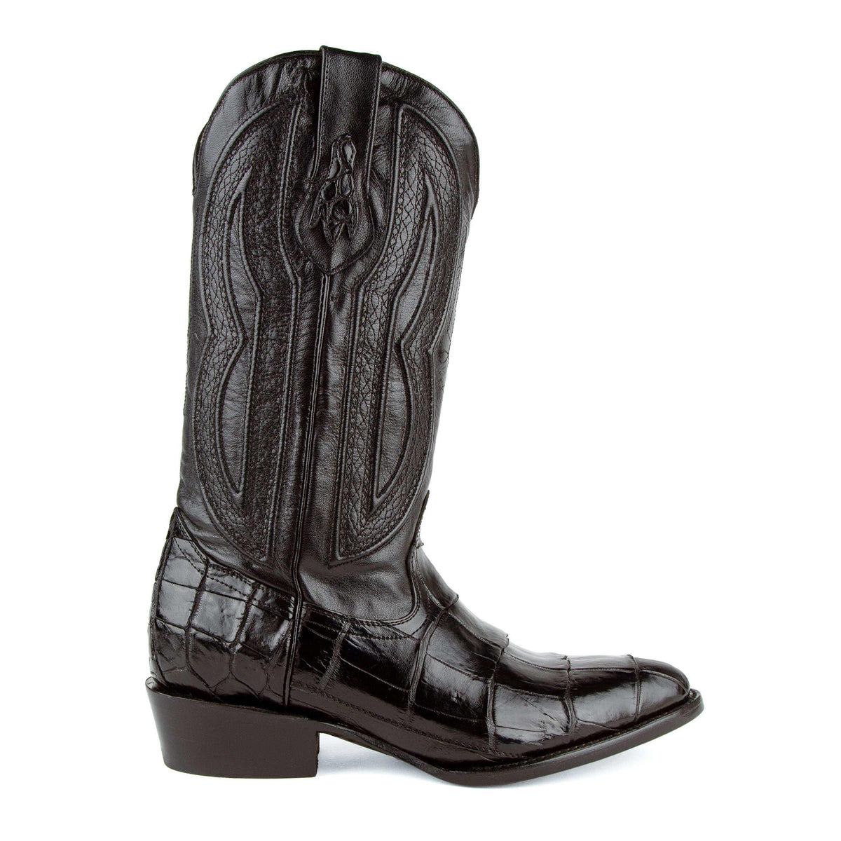 Men's Ferrini Stallion black leather cowboy boot with glossy alligator belly vamp, stitched shaft and medium pointed toe
