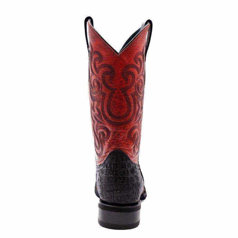 Men's Ferrini Stampede Caiman Crocodile PRINT Boots with a red patterned shaft and black crocodile-print heel and sole