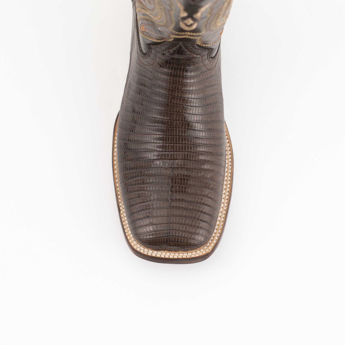 Men's Ferrini Taylor Teju Lizard Boots in dark brown with textured lizard scales, a square toe and decorative stitching.