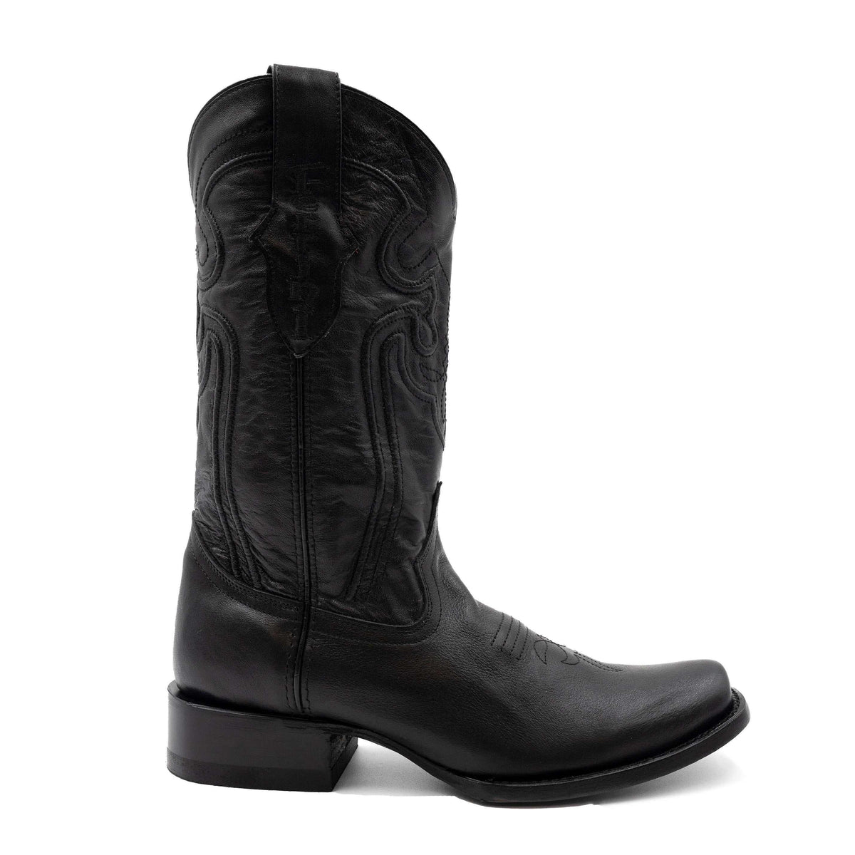 Men's Ferrini Wyatt black leather cowboy boot with stitched shaft, narrow square toe and block heel