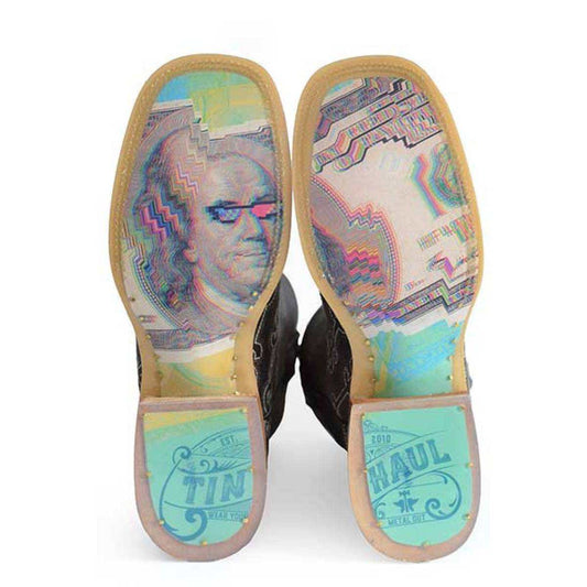 Men's Tin Haul Boots with tan leather soles featuring colorful currency graphics and Tin Haul branding