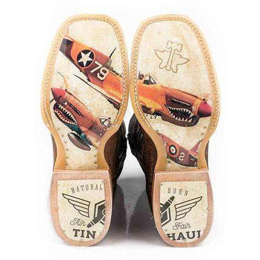 Men's Tin Haul Warhawk Boots with tan leather soles featuring colorful vintage fighter plane graphics and branded heels