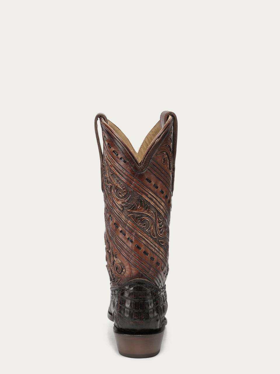 Men's Corral Honey alligator leather cowboy boot in honey color with intricate tooled and handwoven shaft detailing and narrow square toe