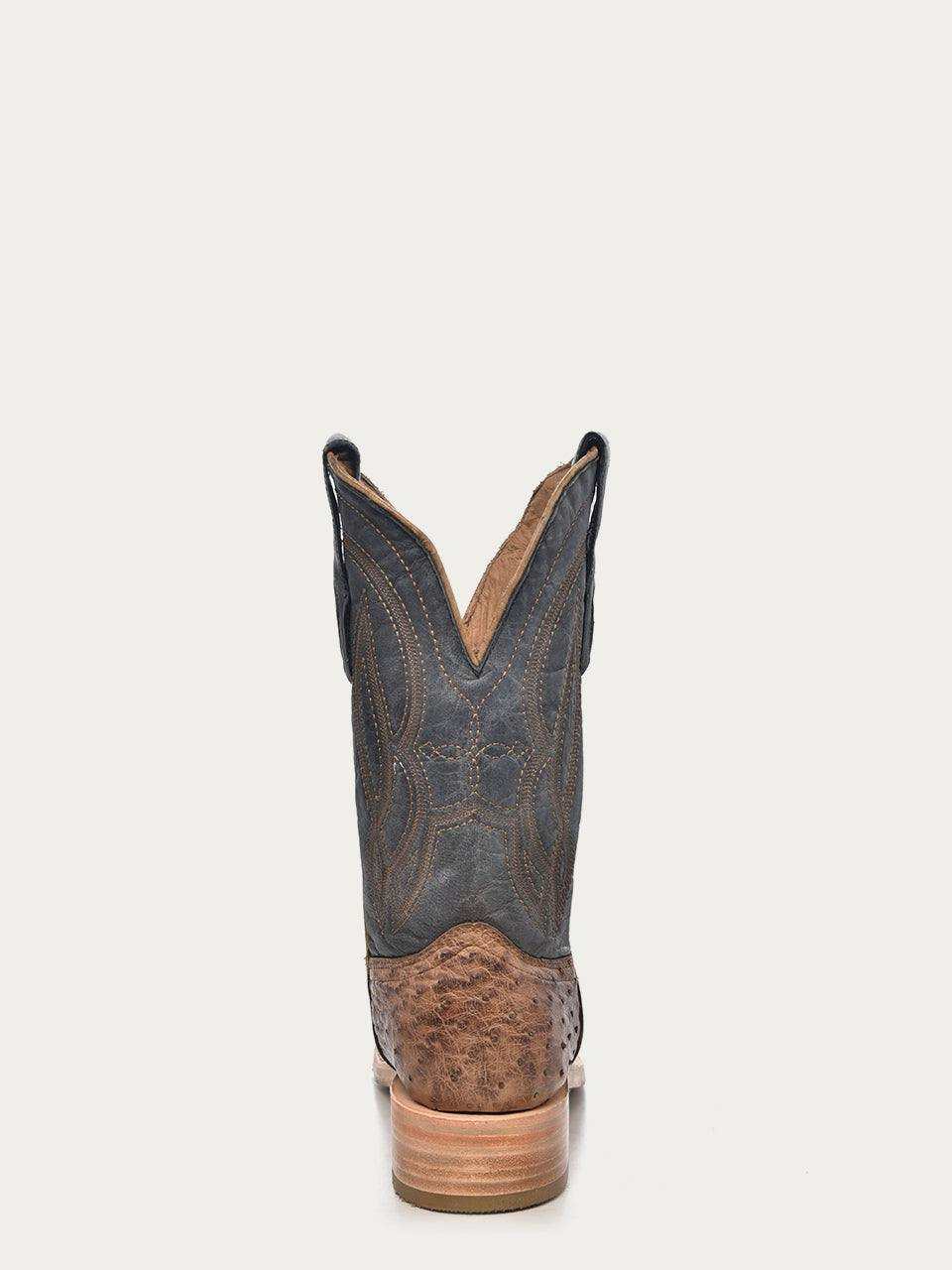 Men's Corral Navy Blue Genuine Full Quill Ostrich Boots in dark navy quill leather with brown embroidered shaft and stacked heel