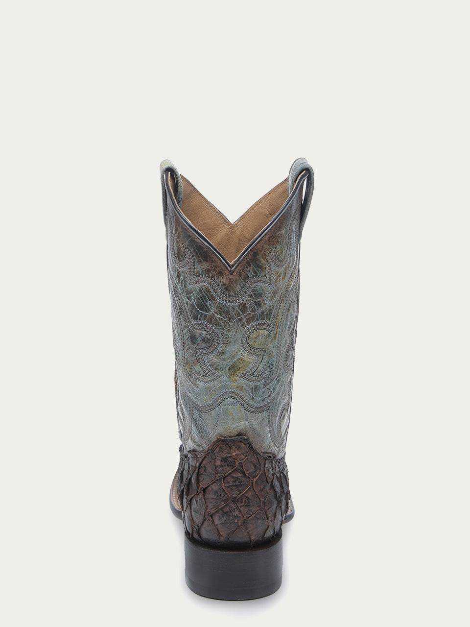 Men's Corral Tobacco genuine pirarucu fish boots with wide square toe, faded turquoise embroidered shaft, and pull-on straps