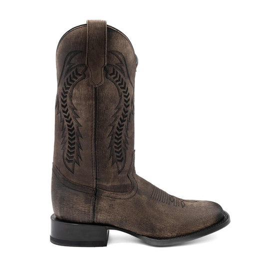 Men's Ferrini Ashton Leather Boots in distressed brown leather, featuring a square toe, dark embroidered shaft and block heel