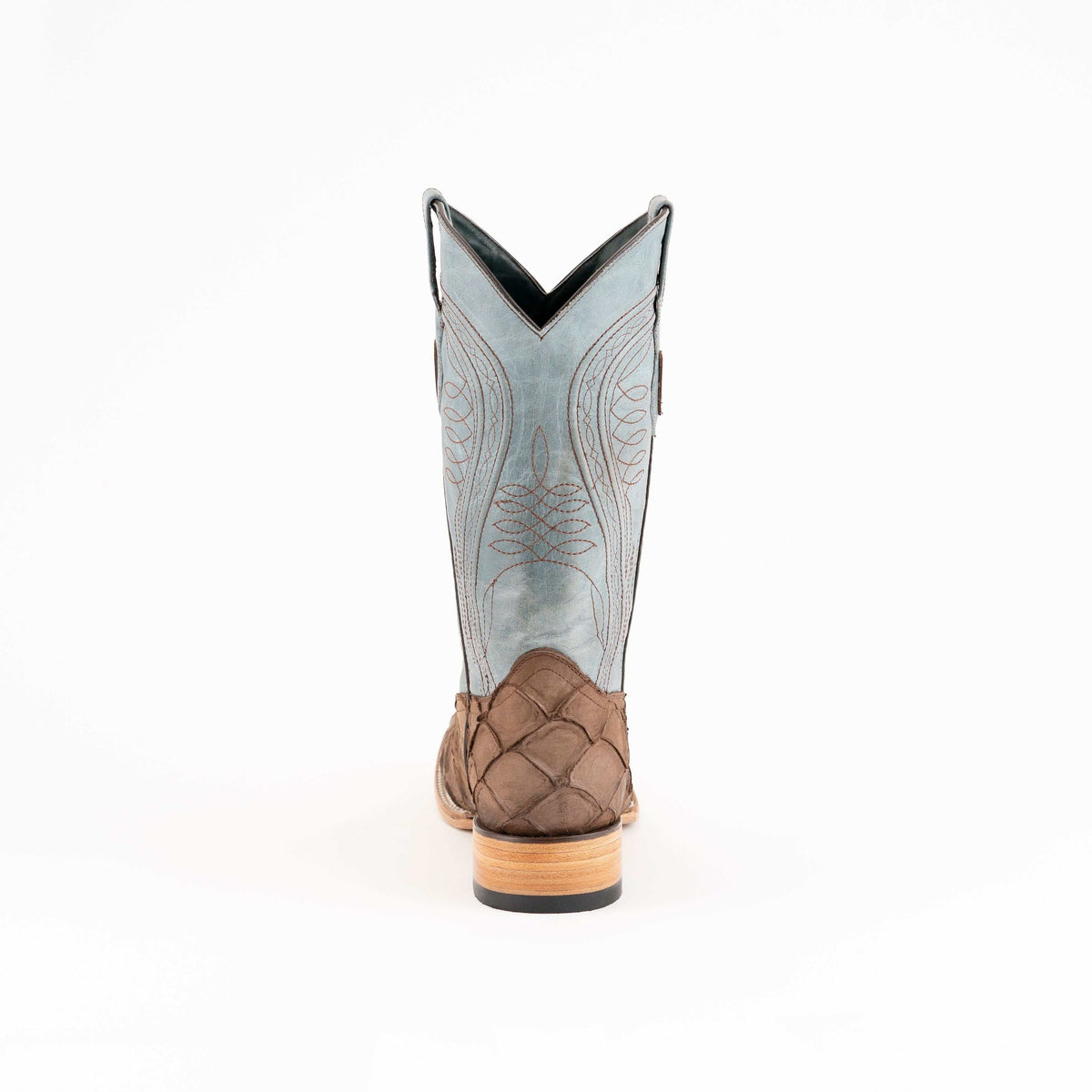 Men's Ferrini Boots in brown leather with a textured pirarucu-print shaft, tall embroidered light blue shaft and stacked heel