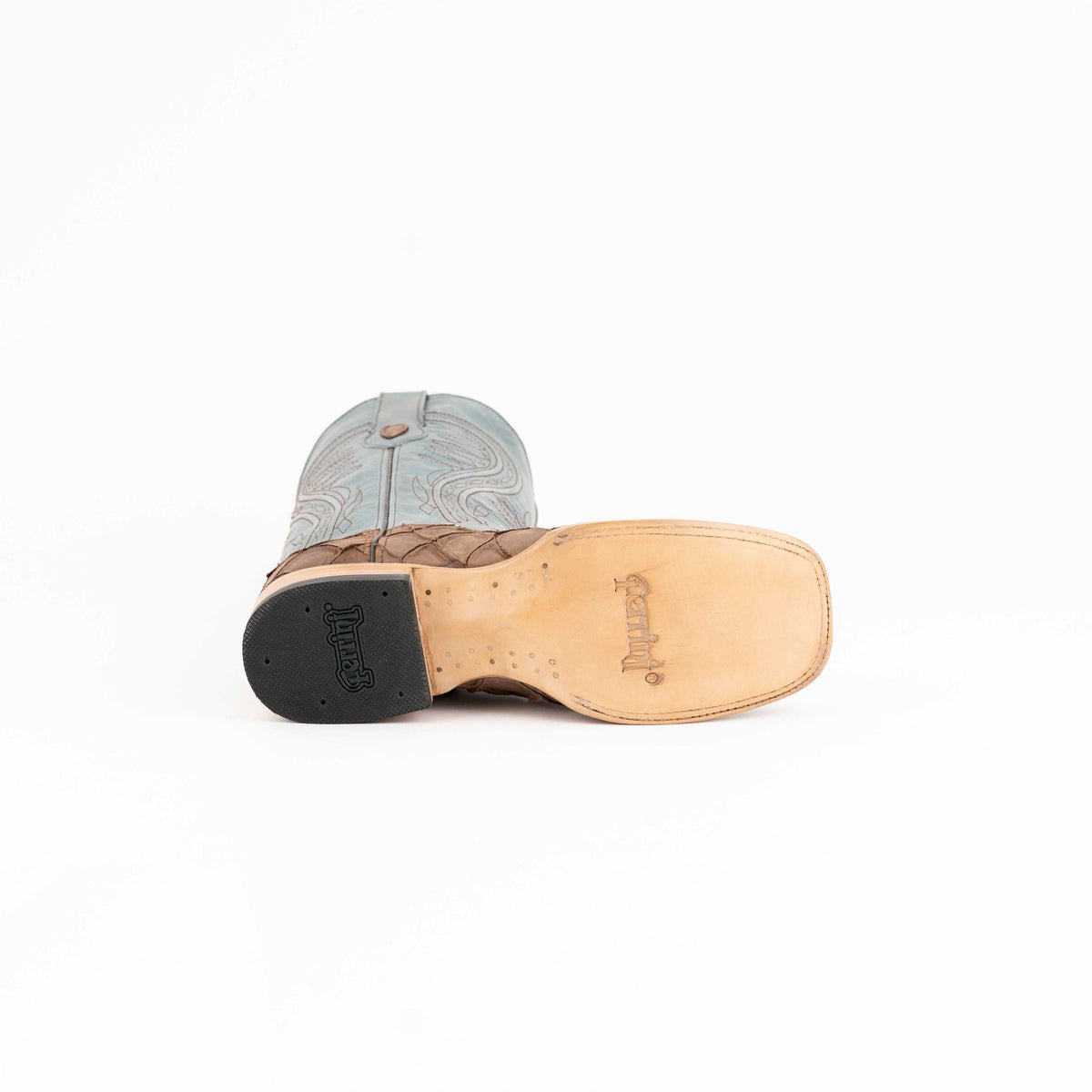 Men's Ferrini Boots show a tan leather sole, black rubber heel, and light gray stitched shaft with intricate swirls