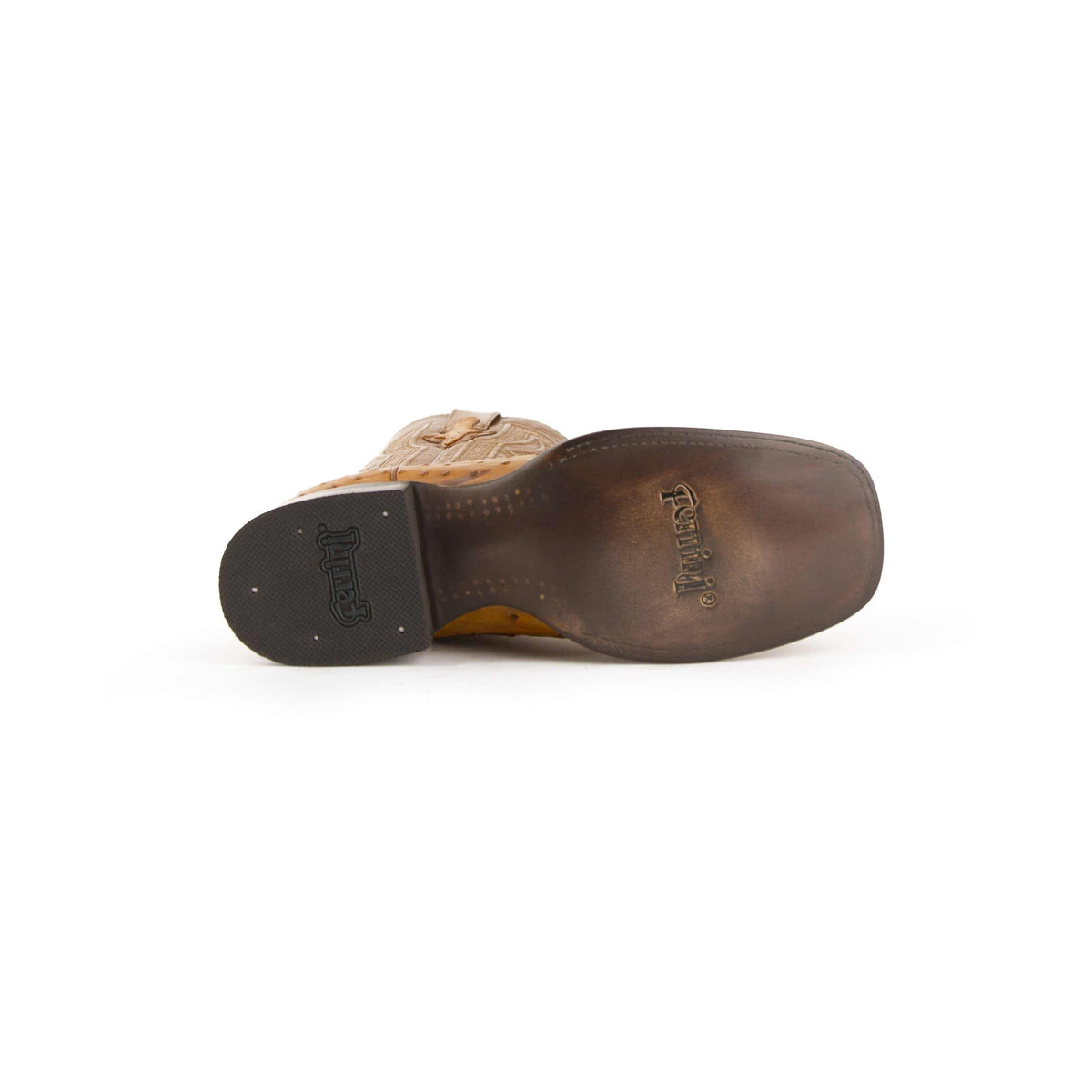 Men's Ferrini Colt boots show a brown leather sole with embossed Ferrini branding and a dark heel cap.