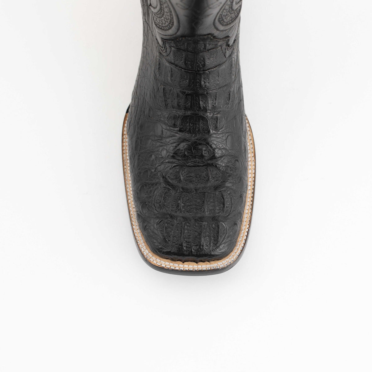 Men's Ferrini Dakota black leather boot with textured caiman hornback vamp, square toe and decorative stitched sole
