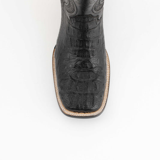 Men's Ferrini Dakota black leather boot with textured caiman hornback vamp, square toe and decorative stitched sole