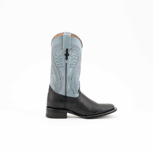 Men's Ferrini Morgan cowboy boot with a black smooth ostrich vamp, light blue embroidered shaft, and pointed toe