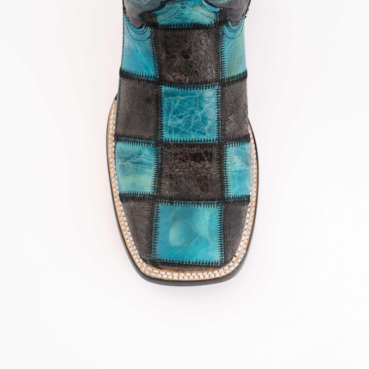 Men's Ferrini Patchwork Leather Boots with turquoise and dark brown leather square patches, detailed stitching and square toe