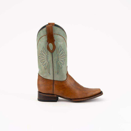 Men's Ferrini Santa Fe Leather Boots in brandy leather with a pale sage shaft, decorative stitching, and narrow square toe