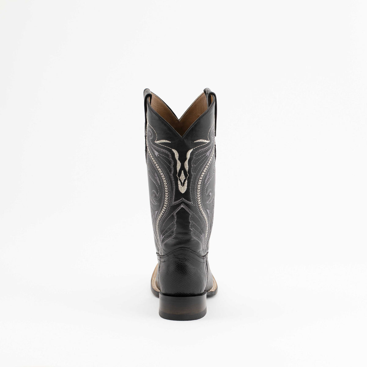 Men's Ferrini Taylor Teju Lizard Boots in black leather with textured vamp and ornate white stitching on the tall shaft