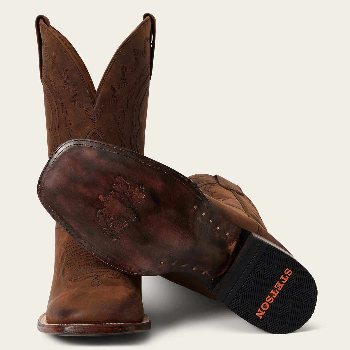 Men's handcrafted brown Stetson Bowie leather boots with square toe