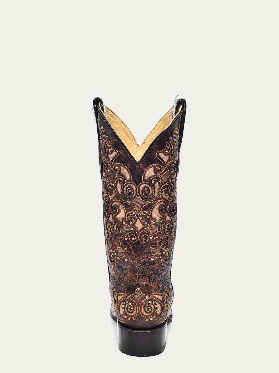 Western boot, omen's Corral Brown Genuine Leather Boots Studs & Embroidery, with dark brown leather and ornate tan embroidery.